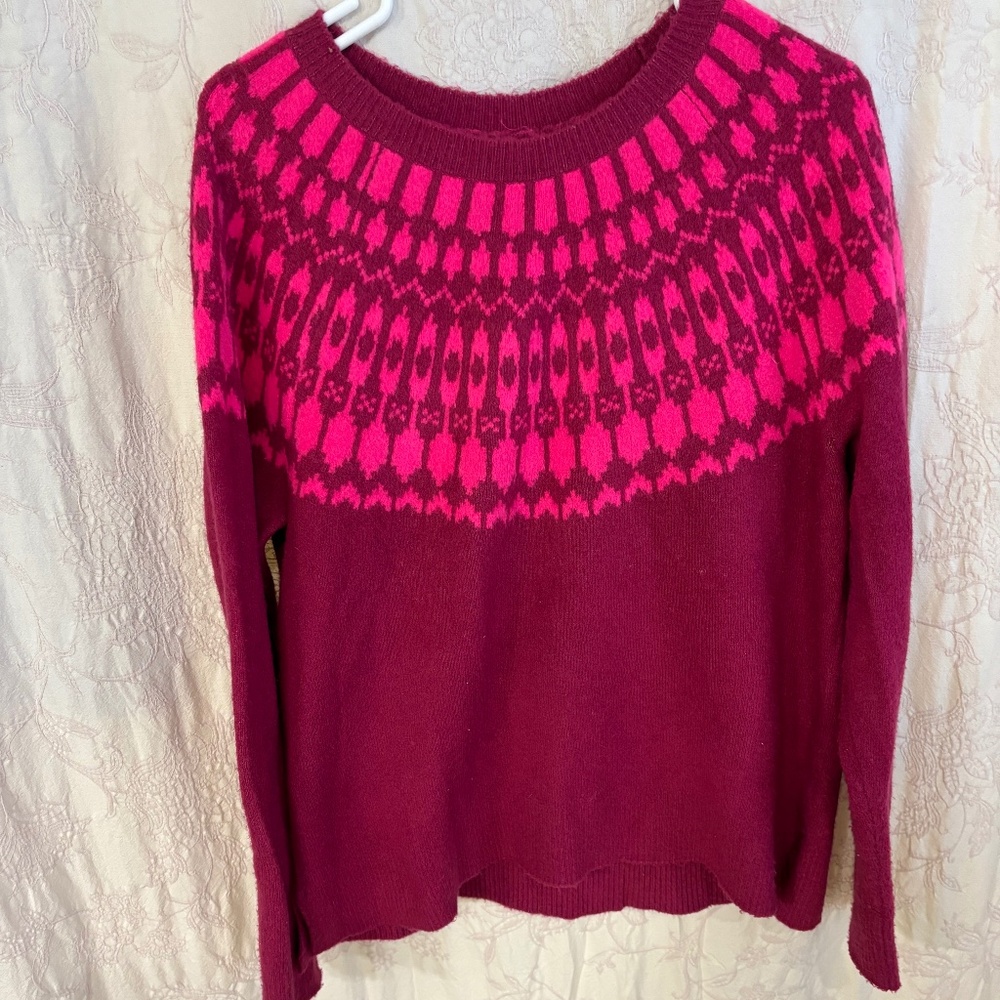 J Crew Woman’s Fair Isle Crewneck Cashmere Sweater Pink/Magenta Size L